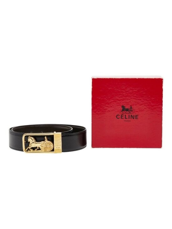 Celine Horse Carriage Vintage Motif Belt Black Brown Gold Leather Plated